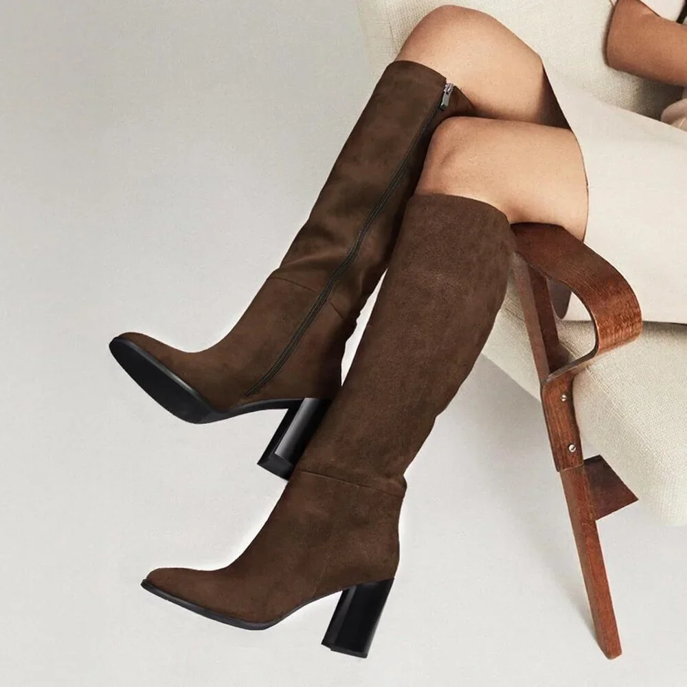 Women's Suede Brown Knee High Boots Round Toe Side Zip Chunky Heel Rubber